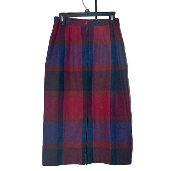 Vintage Deadstock Barclay Square Part Wool Red Blue Plaid Long A Line Skirt - Picture 2 of 14